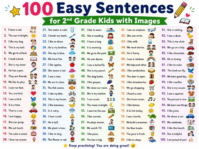 100 Easy Sentences for 2nd Grade Kids with Images