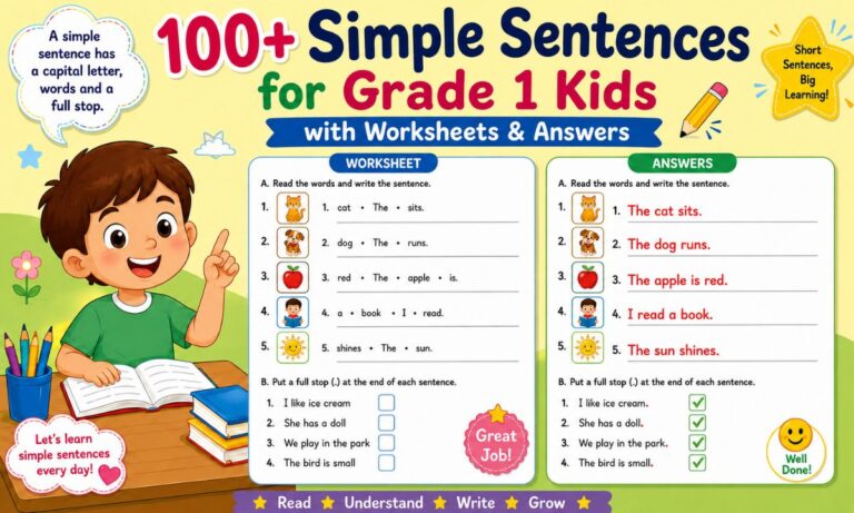 100+ Simple Sentences for Grade 1 Kids with Worksheets & Answers