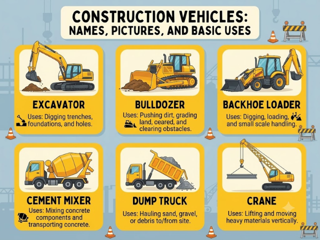 Construction Vehicles Names and Pictures with Basic Uses