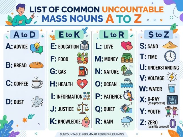 List of Common Uncountable Mass Nouns A to Z