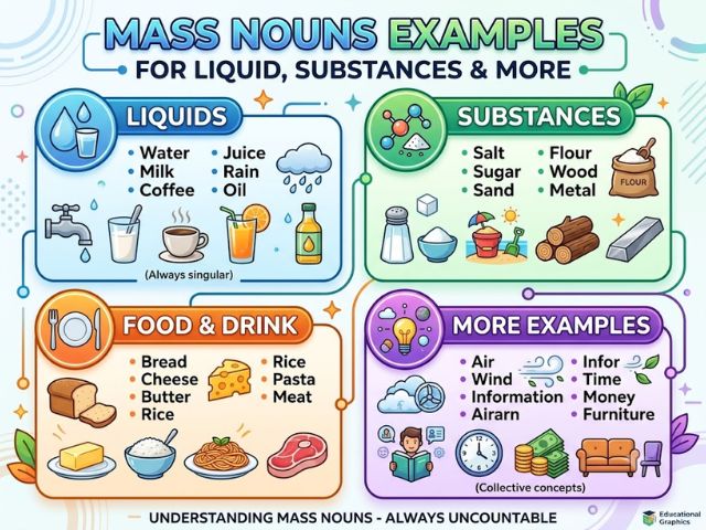 Mass Nouns Examples for Liquid, Substances and More
