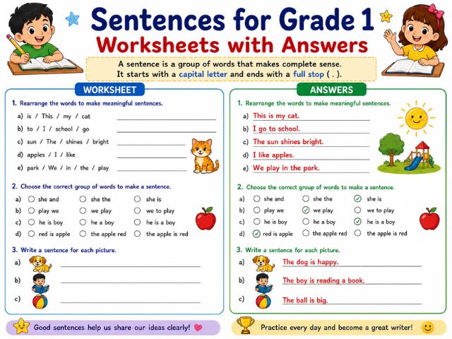 Sentences for Grade 1 Worksheets with Answers